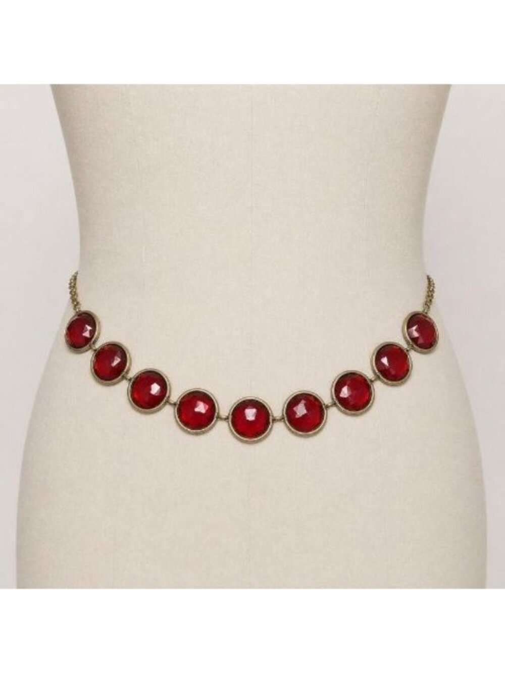 Retro Ruby Red Crystal Gold Tone Link Belt Y2K Boho Glam Round Jewel Waist Belt